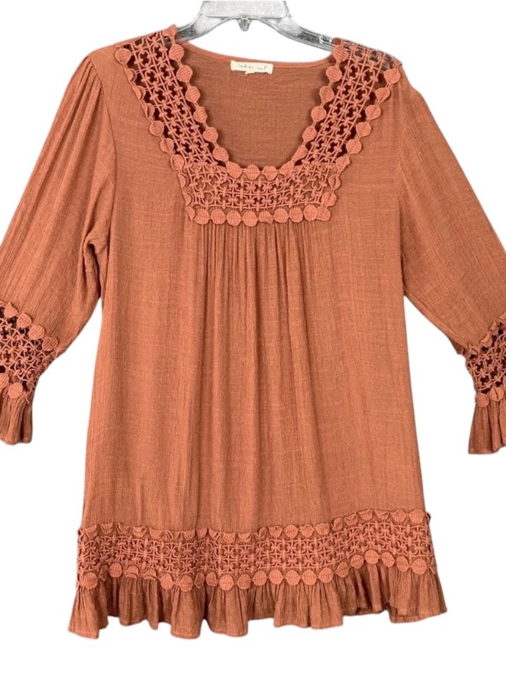 Indigo Soul Boho Crochet Neck Ruffle Tunic Top Burnt Orange XL
